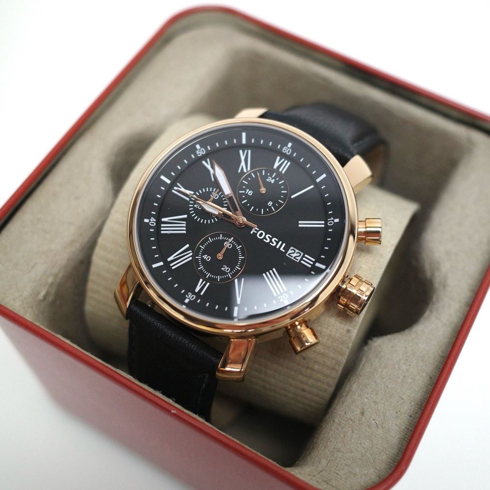 FOSSIL RHETT CHRONOGRAPH ROSE GOLD BLACK
LEATHER MENS BQ1008 WATCH
